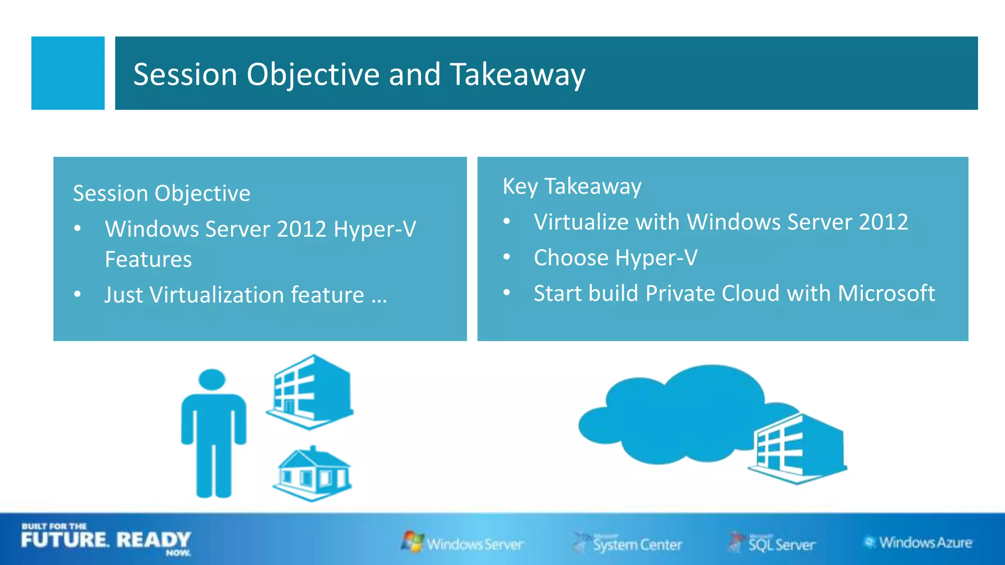 Session Objective and Takeaway


Session Objective                 Key Takeaway
• Windows Server 2012 Hyper-V     • Virtualize with Windows Server 2012
   Features                       • Choose Hyper-V
• Just Virtualization feature …   • Start build Private Cloud with Microsoft
 