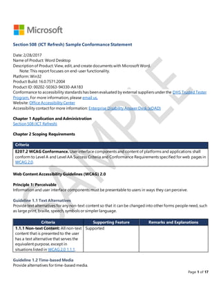 Page 1 of 17
Section 508 (ICT Refresh) Sample Conformance Statement
Date: 2/28/2017
Name of Product: Word Desktop
Description of Product: View, edit, and create documents with Microsoft Word.
Note: This report focuses on end-user functionality.
Platform: Win32
Product Build: 16.0.7571.2004
Product ID: 00202-50363-94330-AA183
Conformance to accessibility standards has been evaluated by external suppliers under the DHS Trusted Tester
Program. For more information, please email us.
Website: Office Accessibility Center
Accessibility contact for more information: Enterprise Disability Answer Desk (eDAD)
Chapter 1 Application and Administration
Section 508 (ICT Refresh)
Chapter 2 Scoping Requirements
Criteria
E207.2 WCAG Conformance. User interface components and content of platforms and applications shall
conform to Level A and Level AA Success Criteria and Conformance Requirements specified for web pages in
WCAG 2.0.
Web Content Accessibility Guidelines (WCAG) 2.0
Principle 1: Perceivable
Information and user interface components must be presentable to users in ways they can perceive.
Guideline 1.1 Text Alternatives
Provide text alternatives for any non-text content so that it can be changed into other forms people need, such
as large print, braille, speech, symbols or simpler language.
Criteria Supporting Feature Remarks and Explanations
1.1.1 Non-text Content: All non-text
content that is presented to the user
has a text alternative that serves the
equivalent purpose, except in
situations listed in WCAG 2.0 1.1.1.
Supported
Guideline 1.2 Time-based Media
Provide alternatives for time-based media.
 