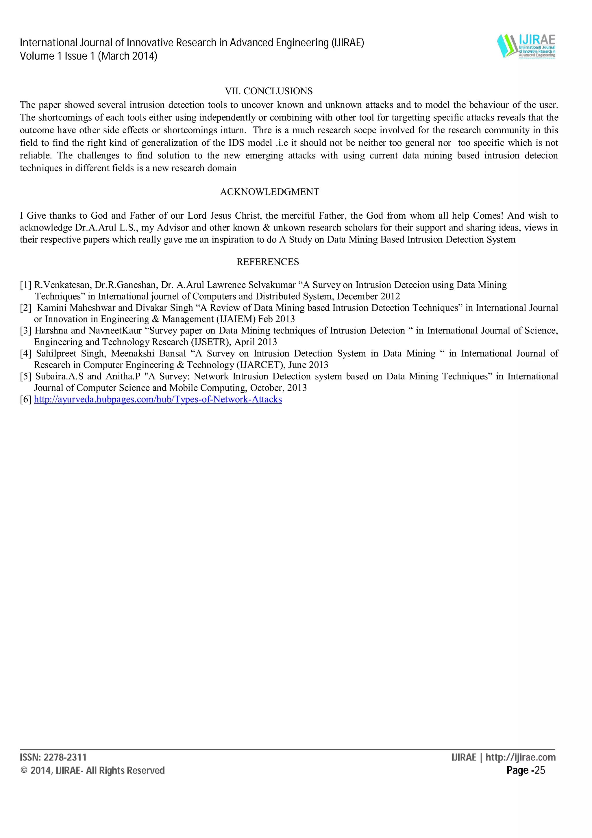 International Journal of Innovative Research in Advanced Engineering (IJIRAE)
Volume 1 Issue 1 (March 2014)
____________________________________________________________________________________________________________
ISSN: 2278-2311 IJIRAE | http://ijirae.com
© 2014, IJIRAE- All Rights Reserved Page -25
VII. CONCLUSIONS
The paper showed several intrusion detection tools to uncover known and unknown attacks and to model the behaviour of the user.
The shortcomings of each tools either using independently or combining with other tool for targetting specific attacks reveals that the
outcome have other side effects or shortcomings inturn. Thre is a much research socpe involved for the research community in this
field to find the right kind of generalization of the IDS model .i.e it should not be neither too general nor too specific which is not
reliable. The challenges to find solution to the new emerging attacks with using current data mining based intrusion detecion
techniques in different fields is a new research domain
ACKNOWLEDGMENT
I Give thanks to God and Father of our Lord Jesus Christ, the merciful Father, the God from whom all help Comes! And wish to
acknowledge Dr.A.Arul L.S., my Advisor and other known & unkown research scholars for their support and sharing ideas, views in
their respective papers which really gave me an inspiration to do A Study on Data Mining Based Intrusion Detection System
REFERENCES
[1] R.Venkatesan, Dr.R.Ganeshan, Dr. A.Arul Lawrence Selvakumar “A Survey on Intrusion Detecion using Data Mining
Techniques” in International journel of Computers and Distributed System, December 2012
[2] Kamini Maheshwar and Divakar Singh “A Review of Data Mining based Intrusion Detection Techniques” in International Journal
or Innovation in Engineering & Management (IJAIEM) Feb 2013
[3] Harshna and NavneetKaur “Survey paper on Data Mining techniques of Intrusion Detecion “ in International Journal of Science,
Engineering and Technology Research (IJSETR), April 2013
[4] Sahilpreet Singh, Meenakshi Bansal “A Survey on Intrusion Detection System in Data Mining “ in International Journal of
Research in Computer Engineering & Technology (IJARCET), June 2013
[5] Subaira.A.S and Anitha.P "A Survey: Network Intrusion Detection system based on Data Mining Techniques” in International
Journal of Computer Science and Mobile Computing, October, 2013
[6] http://ayurveda.hubpages.com/hub/Types-of-Network-Attacks
 