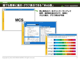 商品構成

誰でも簡単に集計・グラフ表示できる 「Ｗｅｂ版」

                                                             青と黄色のバーをクリック／タップして
                                                             設問・選択肢を選ぶだけで、簡単に
                                                             クロス集計、グラフ表示が可能




Copyright (C) 2012 ASCII MEDIA WORKS. All rights reserved.                        7
 