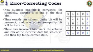 Error-Correcting Codes
• Now suppose one bit is corrupted; for
simplicity, assume it is one of the data
bits.
• Then exactly one column parity bit will be
incorrect, and exactly one row-parity bit
will be incorrect.
• These two incorrect bits mark the column
and row of the incorrect data bit, which we
can then flip to the correct state.
Dept. of Computer Science and Engineering
24-11-2025 20
 