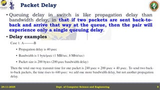 Packet Delay
• Queuing delay in switch is like propagation delay than
bandwidth delay, in that if two packets are sent back-to-
back and arrive that way at the queue, then the pair will
experience only a single queuing delay.
• Delay examples
Dept. of Computer Science and Engineering
24-11-2025 5
 