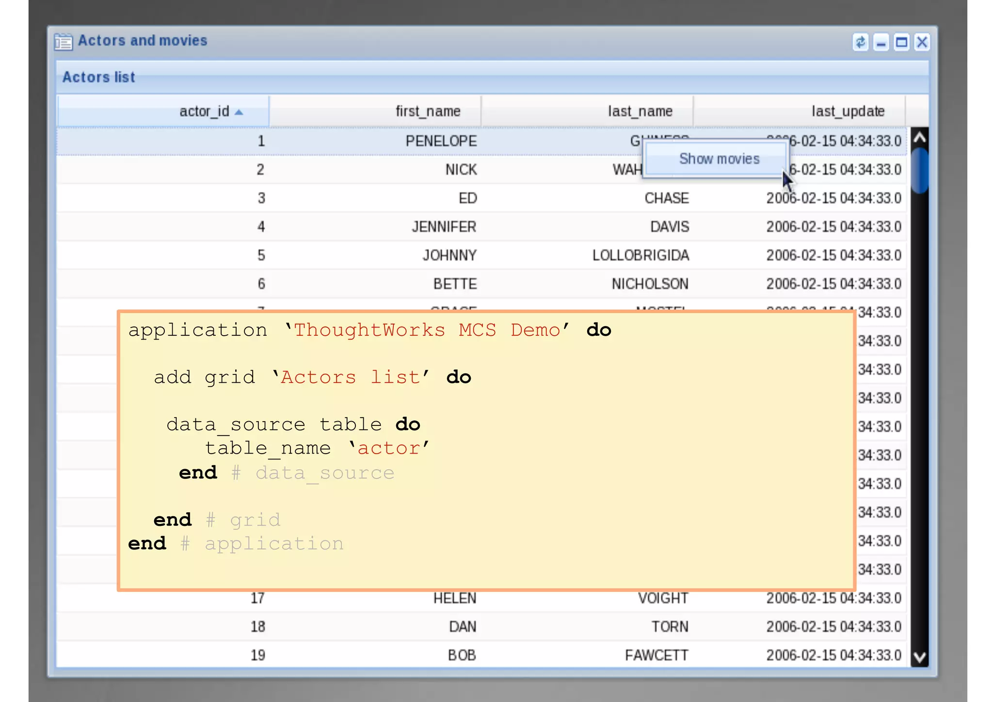 application ‘ThoughtWorks MCS Demo’ do
add grid ‘Actors list’ do
data_source table do
table_name ‘actor’
end # data_source
end # grid
end # application
 