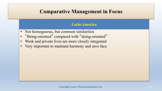 Comparative Management in Focus
Latin America
Copyright ©2017 Pearson Education, Inc. 3-47
• Not homogenous, but common si...