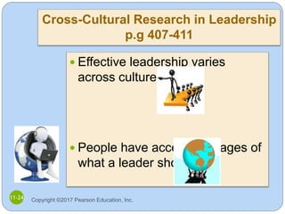 Cross-Cultural Research in Leadership
p.g 407-411
 Effective leadership varies
across cultures
 People have accepted ima...