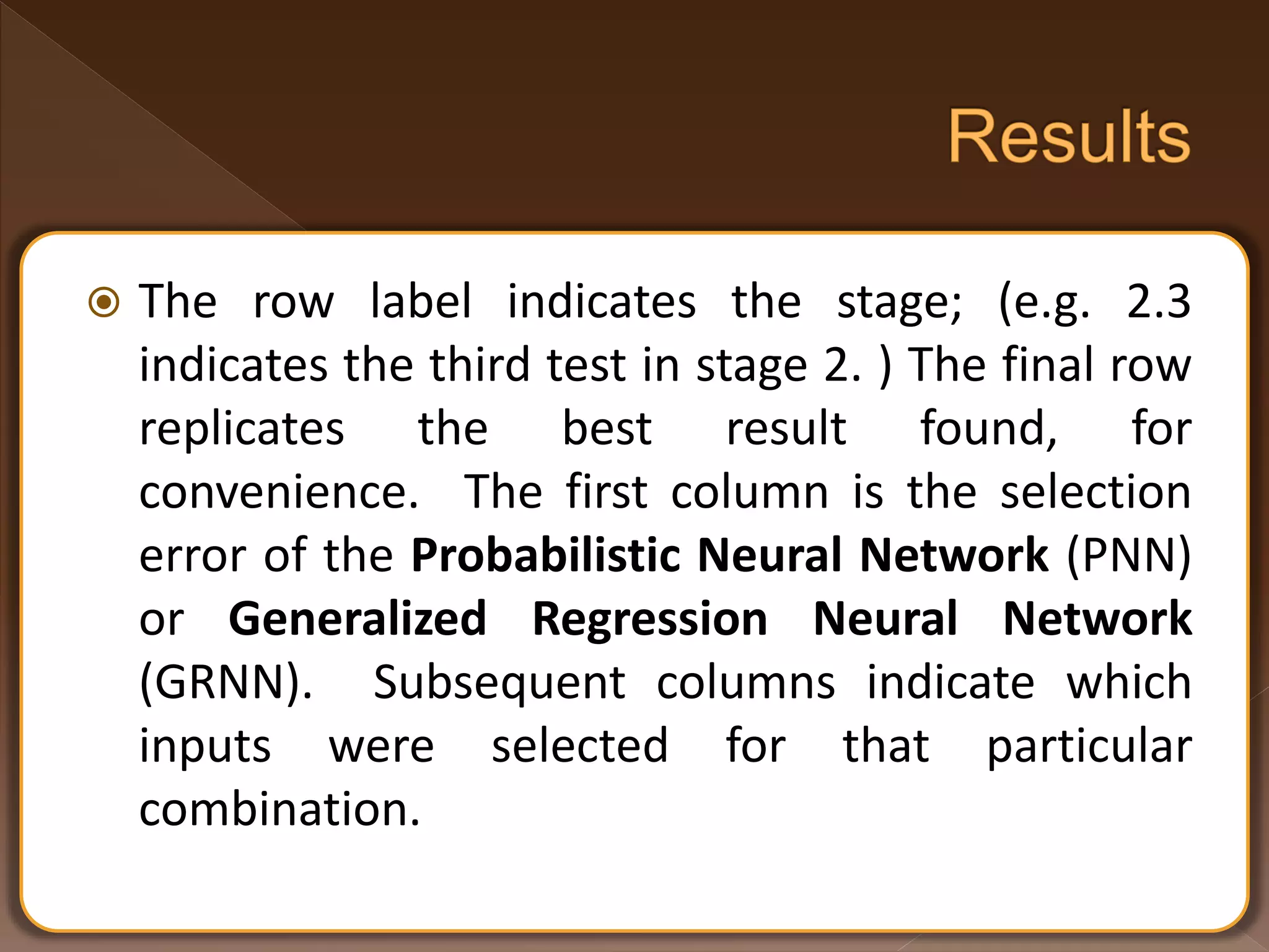  The row label indicates the stage; (e.g. 2.3 indicates the third test in stage 2. ) The final row replicates the best result found, for convenience. The first column is the selection error of the Probabilistic Neural Network (PNN) or Generalized Regression Neural Network (GRNN). Subsequent columns indicate which inputs were selected for that particular combination. 