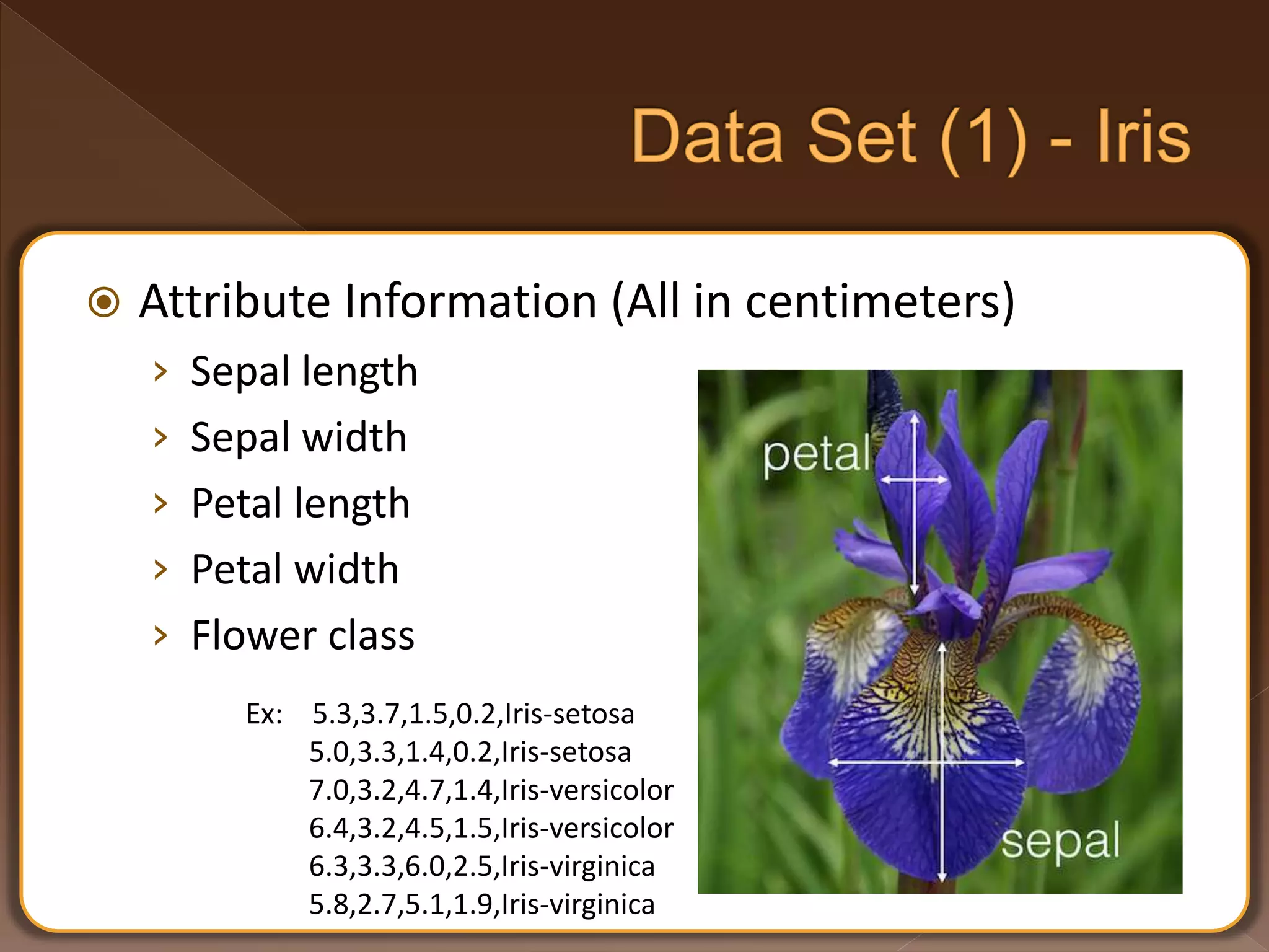  Attribute Information (All in centimeters) › Sepal length › Sepal width › Petal length › Petal width › Flower class Ex: 5.3,3.7,1.5,0.2,Iris-setosa 5.0,3.3,1.4,0.2,Iris-setosa 7.0,3.2,4.7,1.4,Iris-versicolor 6.4,3.2,4.5,1.5,Iris-versicolor 6.3,3.3,6.0,2.5,Iris-virginica 5.8,2.7,5.1,1.9,Iris-virginica 