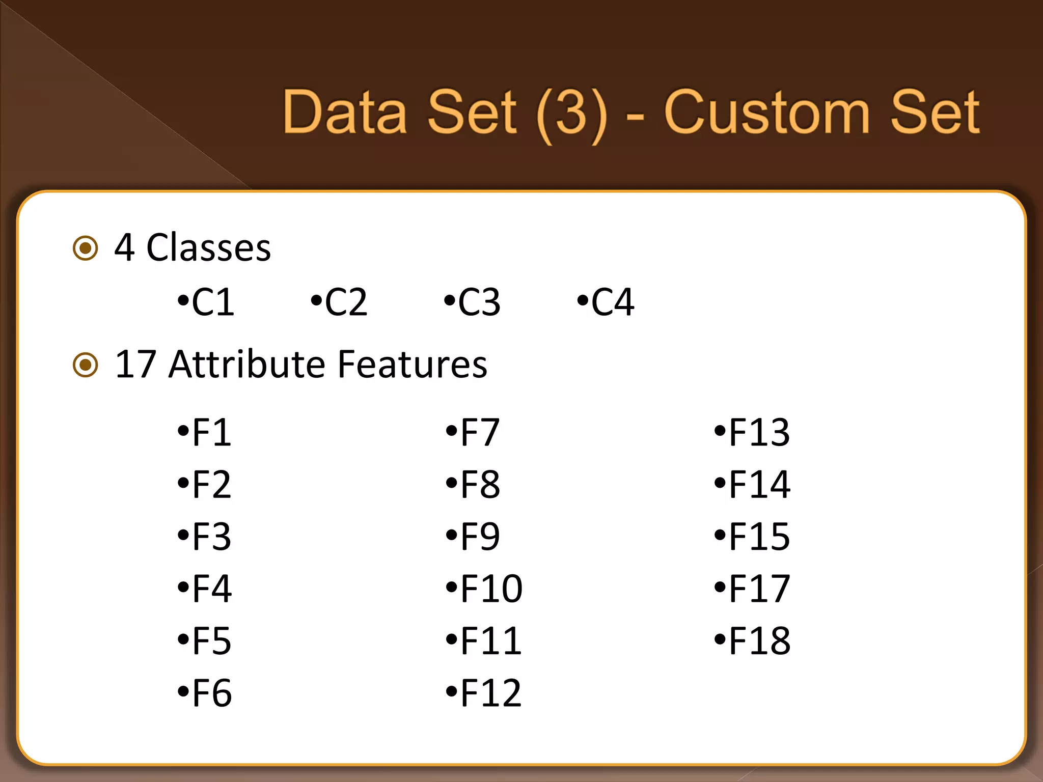  4 Classes  17 Attribute Features •C1 •C2 •C3 •C4 •F1 •F2 •F3 •F4 •F5 •F6 •F7 •F8 •F9 •F10 •F11 •F12 •F13 •F14 •F15 •F17 •F18 