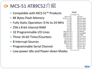 MCS-51 AT89C52介紹
 Compatible with MCS-51™ Products
 8K Bytes Flash Memory
 Fully Static Operation: 0 Hz to 24 MHz
 256 x 8-bit Internal RAM
 32 Programmable I/O Lines
 Three 16-bit Timer/Counters
 8 Interrupt Sources
 Programmable Serial Channel
 Low-power Idle and Power-down Modes
18
 