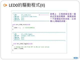LED0的驅動程式(II)
40
/***********************************************************************
* @fn drv_LED0_Init
* @brief Initialize LED0 State
* @param None
* @return None
**********************************************************************/
void drv_LED0_Init(void)
{
LED0 = 1; // 初始時LED0熄滅
}
/***********************************************************************
* @fn drv_LED0_Toggle
* @brief Changes LED0 State
* @param None
* @return None
**********************************************************************/
void drv_LED0_Toggle(void)
{
// Change the LED from OFF to ON (or vice versa)
LED0 = ~LED0;
}
 