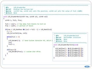 /***************************************************************************************************
* @fn LCD_DispHorBar
* @brief Display the horizon bar
* @param (uint8 row, uint8 col) sets the position, uint8 val sets the value of full (100%)
* @return None
***************************************************************************************************/
void LCD_DispHorBar(uint8 row, uint8 col, uint8 val)
{
uint8 i, full, frac;
full = val/5; // how many full blocks to turn on
frac = val%5; // portion of block
if(row < LCD_MaxRows && (col + full -1) < LCD_MaxCols){
i = 0;
LCD_CursorSet(row, col);
while(full > 0)
{
LCD_DataWr(5); // Send Custom character #5, which is full block
i++;
full--;
}
if(frac>0){
LCD_DataWr(frac); // custom char #frac
}
}
}
/**************************************
* @fn LCD_DispHorBarInit
* @brief HorizonBar Initilize
* @param None
* @return None
*************************************/
void LCD_DispHorBarInit(void)
{
LCD_DefChar(1, &LCD_DispBar1[0]);
LCD_DefChar(2, &LCD_DispBar2[0]);
LCD_DefChar(3, &LCD_DispBar3[0]);
LCD_DefChar(4, &LCD_DispBar4[0]);
LCD_DefChar(5, &LCD_DispBar5[0]);
}
84
 