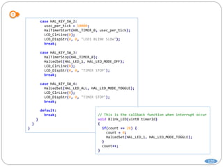 120
case HAL_KEY_SW_2:
usec_per_tick = 10000;
HalTimerStart(HAL_TIMER_0, usec_per_tick);
LCD_ClrLine(0);
LCD_DispStr(0, 0, "LED1 BLINK SLOW");
break;
case HAL_KEY_SW_3:
HalTimerStop(HAL_TIMER_0);
HalLedSet(HAL_LED_1, HAL_LED_MODE_OFF);
LCD_ClrLine(0);
LCD_DispStr(0, 0, "TIMER STOP");
break;
case HAL_KEY_SW_4:
HalLedSet(HAL_LED_ALL, HAL_LED_MODE_TOGGLE);
LCD_ClrLine(0);
LCD_DispStr(0, 0, "TIMER STOP");
break;
default:
break;
}
}
}
// This is the callback function when interrupt occur
void Blink_LED(uint8 timerId)
{
if(count == 20) {
count = 0;
HalLedSet(HAL_LED_1, HAL_LED_MODE_TOGGLE);
}
count++;
}
 