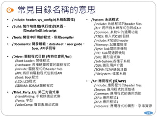 常見目錄名稱的意思
23
• /Driver: 驅動程式目錄 (有時也會用/hal)
/Boot-Loader: 開機程式
/Hardware: 各種硬體裝置的驅動程式
/Include: 驅動程式的header files
/API: 將所有驅動程式包裝成API
/Boot: Boot程式
/LCD: LCD程式
/SDRAM: SDRAM驅動程式
• /System: 系統程式
/Include: 系統程式的header files
/API: 將所有系統程式包裝成API
/Common: 系統中的通用功能
/RTOS: 嵌入式OS的目錄
/Include: RTOS的header
/Memory: 記憶體管理
/Sync: Task間同步機制
/IPC: Task間通訊機制
/Glib: 圖形函式庫
/Sub-System:各種子系統
/GUI: 圖形用戶介面
/TCPIP: TCPIP通訊堆疊
/FileSystem: 檔案系統
• /AP: 應用程式 (或/APP)
/Include: 應用程式的header files
/Source: 應用程式的原始碼
/Common: 應用程式的通用功能
/AP1: 應用程式1
/AP2: 應用程式2
/Resource: 應用程式的圖形、字串資源
• /Third_Party_Lib: 第三方函式庫
/HandWriting: 手寫辨識函式庫
/Fonts: 字型
/VoiceComp: 聲音壓縮函式庫
• /Include: header, sys_config.h(系統配置檔)
• /Build: 製作映像檔(執行檔)的東西，
如makefile跟link script
• /Tools: 開發中所需的程式，例如compiler
• /Documents: 開發規範、datasheet、user guide、
Spec, API手冊等
 