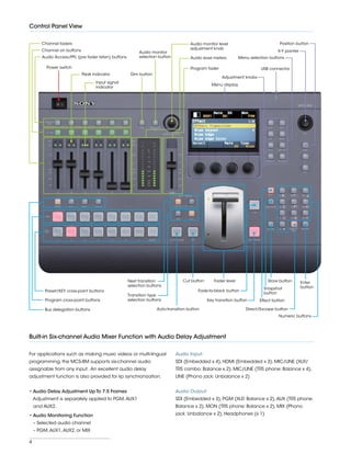 4
Control Panel View
Audio monitor level
adjustment knob
Audio monitor
selection button
Dim button
Audio level meters
Program fader USB connector
Menu display
Menu selection buttons
Power switch
Audio Access/PFL (pre fader listen) buttons
Channel on buttons
Peak indicator
Input signal
indicator
Channel faders
Bus delegation buttons
Program cross-point buttons
Preset/KEY cross-point buttons
X-Y pointer
Position button
Adjustment knobs
Numeric buttons
Enter
button
Direct/Escape button
Store button
Effect button
Snapshot
button
Key transition button
Fade-to-black button
Fader leverCut buttonNext transition
selection buttons
Transition type
selection buttons
Auto-transition button
Built-in Six-channel Audio Mixer Function with Audio Delay Adjustment
For applications such as making music videos or multi-lingual
programming, the MCS-8M supports six-channel audio
assignable from any input. An excellent audio delay
adjustment function is also provided for lip synchronization.
• Audio Delay Adjustment Up To 7.5 Frames
Adjustment is separately applied to PGM,AUX1
and AUX2.
• Audio Monitoring Function
– Selected audio channel
– PGM,AUX1,AUX2, or MIX
Audio Input:
SDI (Embedded x 4), HDMI (Embedded x 3), MIC/LINE (XLR/
TRS combo: Balance x 2), MIC/LINE (TRS phone: Balance x 4),
LINE (Phono jack: Unbalance x 2)
Audio Output:
SDI (Embedded x 3), PGM (XLR: Balance x 2),AUX (TRS phone:
Balance x 2), MON (TRS phone: Balance x 2), MIX (Phono
jack: Unbalance x 2), Headphones (x 1)
 