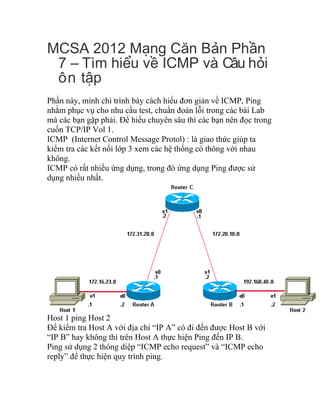 MCSA 2012 M ng C n B n Ph nạ ă ả ầ
7 – Tìm hi u v ICMP và Câu h iể ề ỏ
ôn t pậ
Phần này, mình chỉ trình bày cách hiểu đơn giản về ICMP, Ping
nhằm phục vụ cho nhu cầu test, chuẩn đoán lỗi trong các bài Lab
mà các bạn gặp phải. Để hiểu chuyên sâu thì các bạn nên đọc trong
cuốn TCP/IP Vol 1.
ICMP (Internet Control Message Protol) : là giao thức giúp ta
kiểm tra các kết nối lớp 3 xem các hệ thống có thông với nhau
không.
ICMP có rất nhiều ứng dụng, trong đó ứng dụng Ping được sử
dụng nhiều nhất.
Host 1 ping Host 2
Để kiểm tra Host A với địa chỉ “IP A” có đi đến được Host B với
“IP B” hay không thì trên Host A thực hiện Ping đến IP B.
Ping sử dụng 2 thông diệp “ICMP echo request” và “ICMP echo
reply” để thực hiện quy trình ping.
 