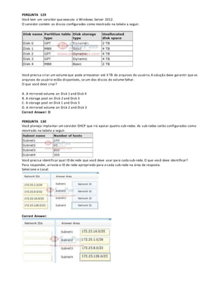 PERGUNTA 129
Você tem um servidor que executa o Windows Server 2012.
O servidor contém os discos configurados como mostrado na tabela a seguir.
Você precisa criar um volume que pode armazenar até 3 TB de arquivos do usuário. A solução deve garantir que os
arquivos do usuário estão disponíveis, se um dos discos do volume falhar.
O que você deve criar?
A. A mirrored volume on Disk 1 and Disk 4
B. A storage pool on Disk 2 and Disk 3
C. A storage pool on Disk 1 and Disk 3
D. A mirrored volume on Disk 2 and Disk 3
Correct Answer: D
PERGUNTA 130
Você planeja implantar um servidor DHCP que irá apoiar quatro sub-redes. As sub-redes serão configurados como
mostrado na tabela a seguir.
Você precisa identificar qual ID de rede que você deve usar para cada sub-rede. O que você deve identificar?
Para responder, arraste o ID de rede apropriado para o cada sub-rede na área de resposta.
Selecione e Local:
Correct Answer:
 