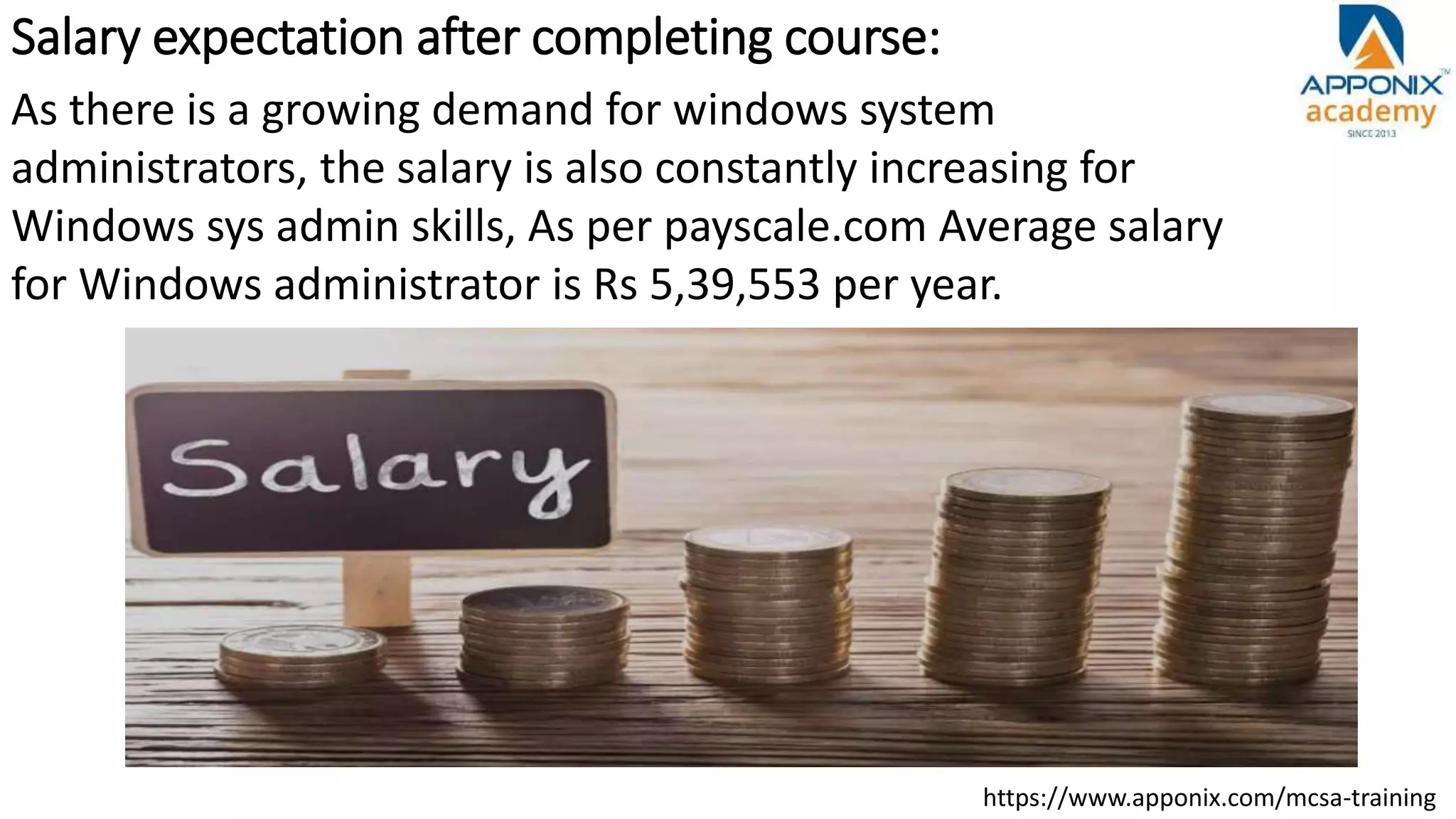 Salary expectation after completing course:
https://www.apponix.com/mcsa-training
As there is a growing demand for windows system
administrators, the salary is also constantly increasing for
Windows sys admin skills, As per payscale.com Average salary
for Windows administrator is Rs 5,39,553 per year.
 
