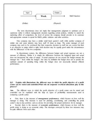 Output

Input

R&D function

Work
(Dollar)

(Physical)

The term discretionary does not imply that managements judgment to optimum cost is
capricious rather it reflects managements decision regarding certain policies, whether to match the
marketing effort of competitors; the level of service the company should provide to its customer
and appropriate amount to spend for R&D, public relations and other activities.
One company may have a similar small head quarter‟s staff, while another company of
similar size and same industry may have staff 10 times as large. The senior manager of each
company may each to be convinced that their respective decision on staff size are correct but their
is no objective to judge which is right; both decision may be equally good under the circumstances
with the differences in the two companies.
In discretionary centers, the differences between budget and actual expenses are not a
measure of efficiency. Rather it is simply the differences between the budgeted input and actual
does not incorporate the value of output if actual expenses do not exceed the budget amount, the
manager has “ lived within the budget”, but since by definition the budget does not to predict the
optimum amount of spending living within the budget does not necessarily indicate efficient
performance.

Q.3
Explain with illustrations the different ways in which the profit objective of a profit
centre can be stated and controlled.What role do corporate overhead allocations play in this
process?
Ans.
The different ways in which the profit objective of a profit centre can be stated and
controlled can be explained with the help of, types of profitability measurements used in
evaluating a profit center.
First, there is the measure of management performance, which focuses on how well the
manager is doing. This measure is used for planning, coordinating, and controlling the profit
center‟s day-to-day activities and as a device for providing the proper motivation for its manager.
Second, there is the measure of economic performance, which focuses on how well the
profit center is doing as an economic entity. The messages conveyed by these two measures may
be quite different from each other.

 