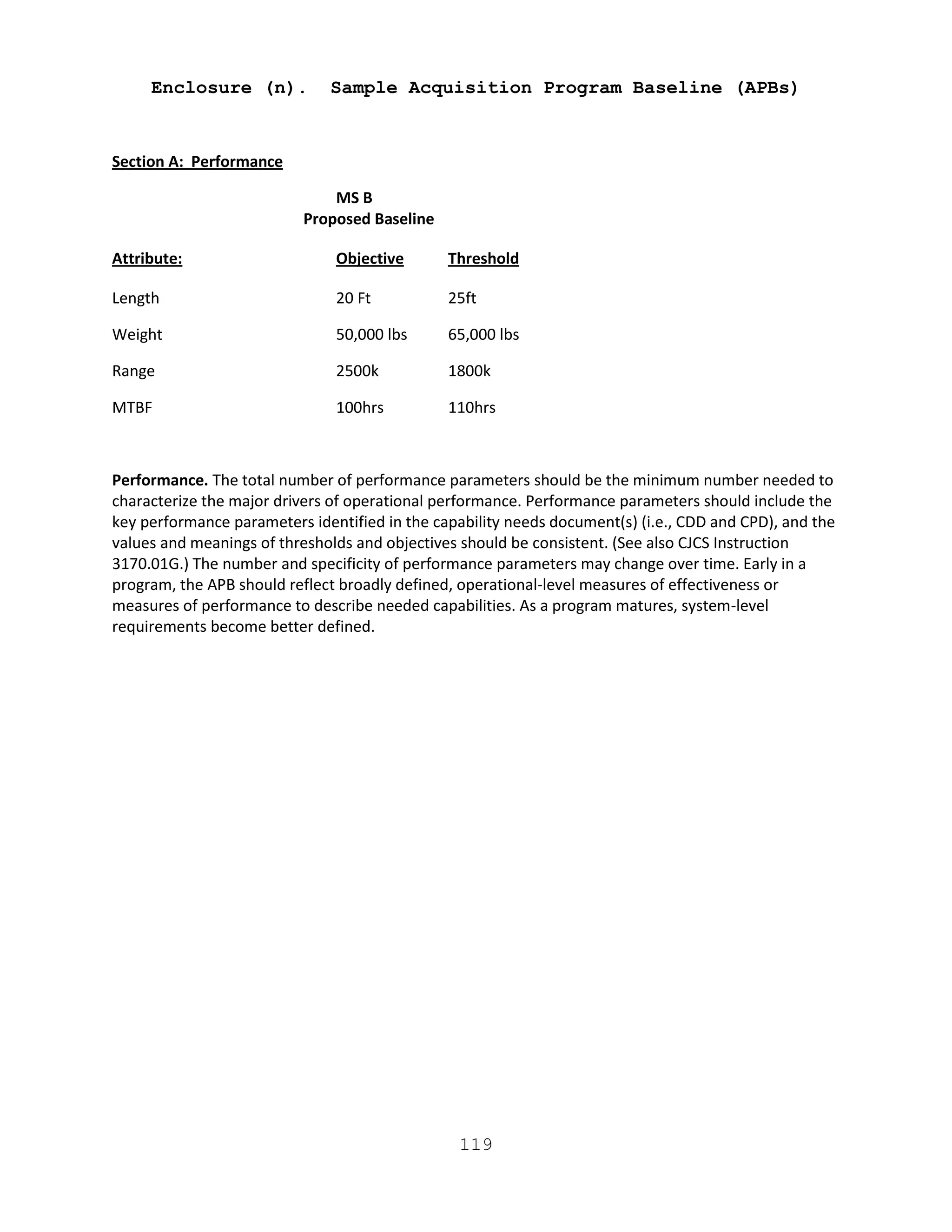 119
Enclosure (n). Sample Acquisition Program Baseline (APBs)
Section A: Performance
MS B
Proposed Baseline
Attribute: Objective Threshold
Length 20 Ft 25ft
Weight 50,000 lbs 65,000 lbs
Range 2500k 1800k
MTBF 100hrs 110hrs
Performance. The total number of performance parameters should be the minimum number needed to
characterize the major drivers of operational performance. Performance parameters should include the
key performance parameters identified in the capability needs document(s) (i.e., CDD and CPD), and the
values and meanings of thresholds and objectives should be consistent. (See also CJCS Instruction
3170.01G.) The number and specificity of performance parameters may change over time. Early in a
program, the APB should reflect broadly defined, operational-level measures of effectiveness or
measures of performance to describe needed capabilities. As a program matures, system-level
requirements become better defined.
 