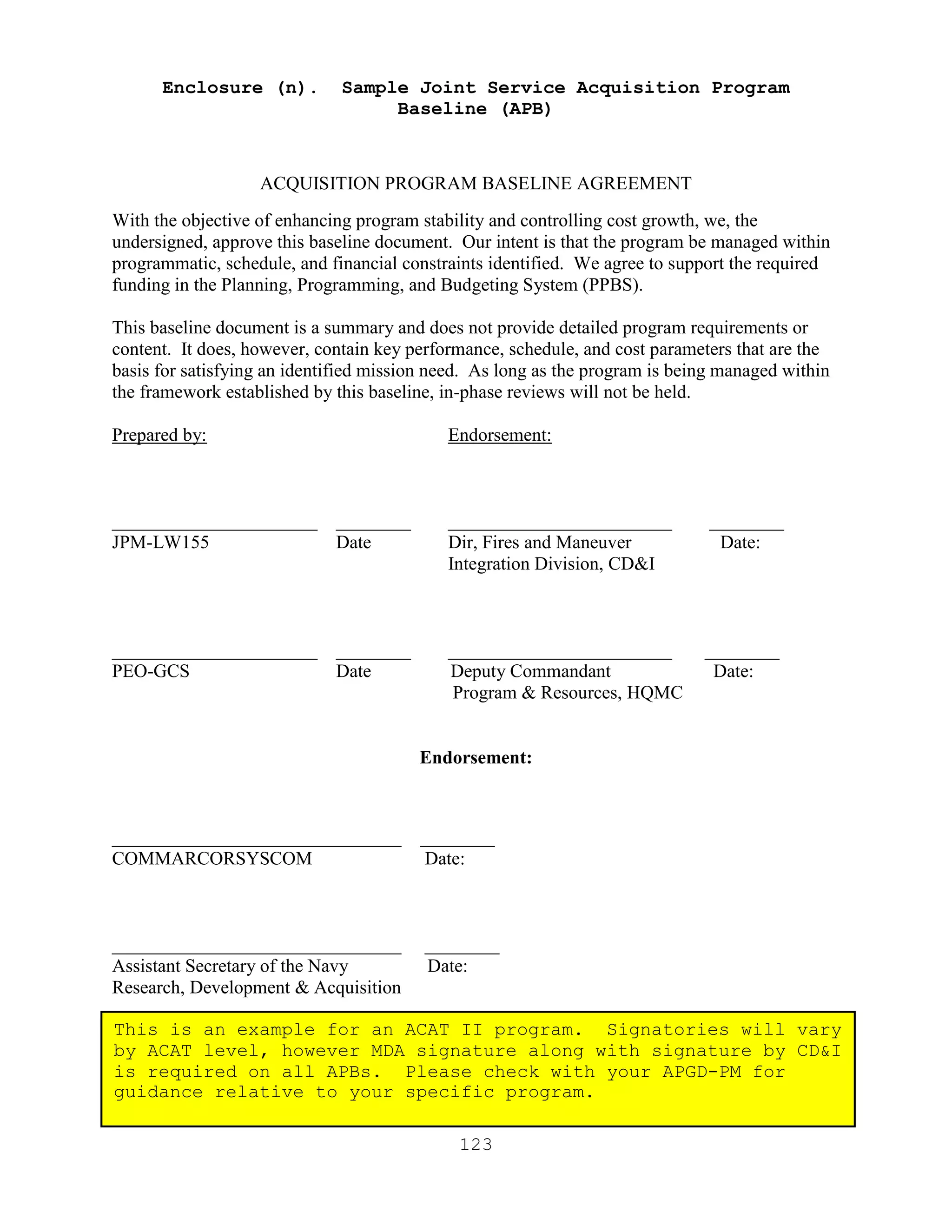 123
Enclosure (n). Sample Joint Service Acquisition Program
Baseline (APB)
ACQUISITION PROGRAM BASELINE AGREEMENT
With the objective of enhancing program stability and controlling cost growth, we, the
undersigned, approve this baseline document. Our intent is that the program be managed within
programmatic, schedule, and financial constraints identified. We agree to support the required
funding in the Planning, Programming, and Budgeting System (PPBS).
This baseline document is a summary and does not provide detailed program requirements or
content. It does, however, contain key performance, schedule, and cost parameters that are the
basis for satisfying an identified mission need. As long as the program is being managed within
the framework established by this baseline, in-phase reviews will not be held.
Prepared by: Endorsement:
______________________ ________ ________________________ ________
JPM-LW155 Date Dir, Fires and Maneuver Date:
Integration Division, CD&I
______________________ ________ ________________________ ________
PEO-GCS Date Deputy Commandant Date:
Program & Resources, HQMC
Endorsement:
_______________________________ ________
COMMARCORSYSCOM Date:
_______________________________ ________
Assistant Secretary of the Navy Date:
Research, Development & Acquisition
This is an example for an ACAT II program. Signatories will vary
by ACAT level, however MDA signature along with signature by CD&I
is required on all APBs. Please check with your APGD-PM for
guidance relative to your specific program.
 