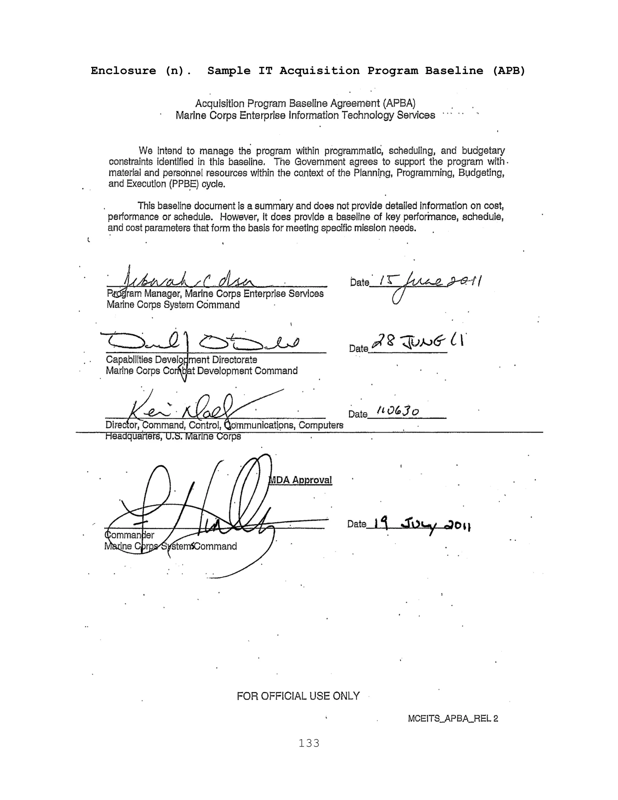 133
Enclosure (n). Sample IT Acquisition Program Baseline (APB)
 