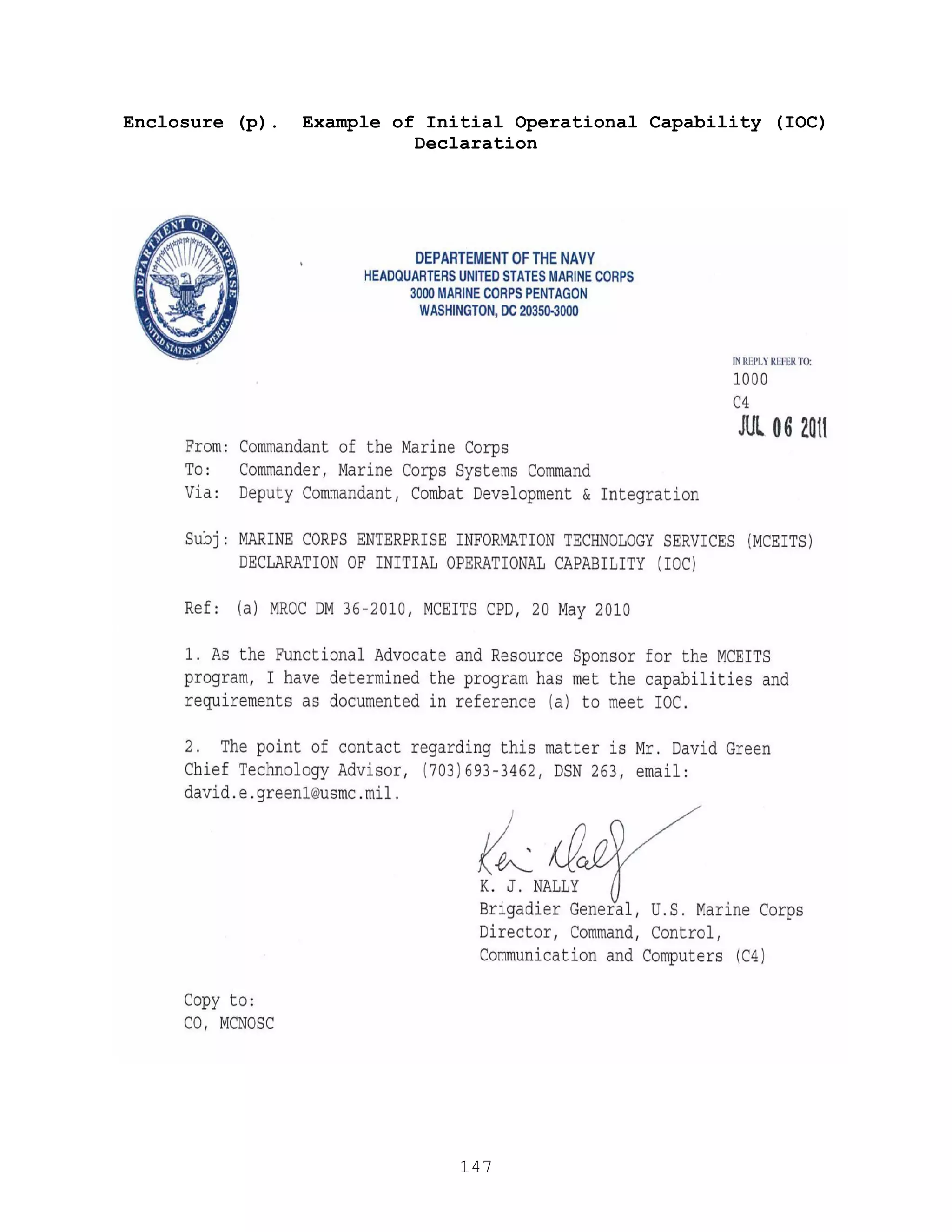 147
Enclosure (p). Example of Initial Operational Capability (IOC)
Declaration
 