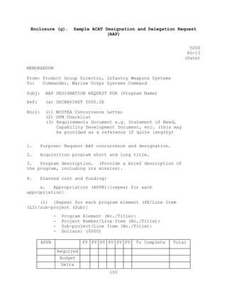 100
Enclosure (g). Sample ACAT Designation and Delegation Request
(AAP)
5000
PG-13
(Date)
MEMORANDUM
From: Product Group Director, Infantry Weapons Systems
To: Commander, Marine Corps Systems Command
Subj: AAP DESIGNATION REQUEST FOR (Program Name)
Ref: (a) SECNAVINST 5000.2E
Encl: (1) MCOTEA Concurrence Letter
(2) DFM Checklist
(3) Requirements Document e.g. Statement of Need,
Capability Development Document, etc. (this may
be provided as a reference if quite lengthy)
1. Purpose: Request AAP concurrence and designation.
2. Acquisition program short and long title.
3. Program description. (Provide a brief description of
the program, including its mission).
4. Planned cost and funding:
a. Appropriation (APPN):[repeat for each
appropriation]
(1) [Repeat for each program element (PE/Line Item
(LI)/sub-project (Sub)]
- Program Element (No./Title):
- Project Number/Line Item (No./Title):
- Sub-project/Line Item (No./Title):
- Dollars: ($000)
APPN FY FY FY FY FY FY To Complete Total
Required
Budget
Delta
 