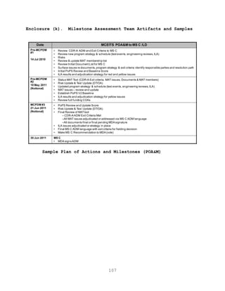 107
Enclosure (k). Milestone Assessment Team Artifacts and Samples
Sample Plan of Actions and Milestones (POA&M)
Date MCEITS POA&M to MS C /LD
Pre-MCPDM
#1
14 Jul 2010
• Review CDR-A ADM and Exit Criteria to MS C
• Review new program strategy & schedule (test events, engineering reviews, ILA)
• Risks
• Review & update MAT membership list
• Review Initial Document List for MS C
• Surface issues re documents, program strategy & exit criteria identify responsible parties and resolution path
• Initial PoPS Review and Baseline Score
• ILA results and adjudication strategy for red and yellow issues
Pre-MCPDM
#2
18 May 2011
(Notional)
• Status MAT Tool (CDR-A Exit criteria, MAT issues, Documents & MAT members)
• Risk Update & Test Update (DT/OA)
• Updated program strategy & schedule (test events, engineering reviews, ILA)
• MAT issues – review and update
• Establish PoPS V2 Baseline
• ILA results and adjudication strategy for yellow issues
• Review full funding COAs
MCPDM #3
21 Jun 2011
(Notional)
• PoPS Review and Update Score
• Risk Update & Test Update (DT/OA)
• Final Review of MATtool
– CDR-AADM Exit Criteria Met
–All MAT issues adjudicated or addressed via MS C ADM language
–All documents final or final pending MDAsignature
• ILA issues adjudicated or strategy in place
• Final MS C ADM language with exit criteria for fielding decision
• Make MS C Recommendation to MDA(vote)
30 Jun 2011 MS C
• MDAsignsADM
 