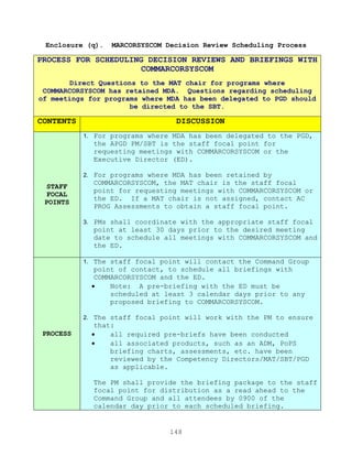 148
Enclosure (q). MARCORSYSCOM Decision Review Scheduling Process
PROCESS FOR SCHEDULING DECISION REVIEWS AND BRIEFINGS WITH
COMMARCORSYSCOM
Direct Questions to the MAT chair for programs where
COMMARCORSYSCOM has retained MDA. Questions regarding scheduling
of meetings for programs where MDA has been delegated to PGD should
be directed to the SBT.
CONTENTS DISCUSSION
STAFF
FOCAL
POINTS
1. For programs where MDA has been delegated to the PGD,
the APGD PM/SBT is the staff focal point for
requesting meetings with COMMARCORSYSCOM or the
Executive Director (ED).
2. For programs where MDA has been retained by
COMMARCORSYSCOM, the MAT chair is the staff focal
point for requesting meetings with COMMARCORSYSCOM or
the ED. If a MAT chair is not assigned, contact AC
PROG Assessments to obtain a staff focal point.
3. PMs shall coordinate with the appropriate staff focal
point at least 30 days prior to the desired meeting
date to schedule all meetings with COMMARCORSYSCOM and
the ED.
PROCESS
1. The staff focal point will contact the Command Group
point of contact, to schedule all briefings with
COMMARCORSYSCOM and the ED.
 Note: A pre-briefing with the ED must be
scheduled at least 3 calendar days prior to any
proposed briefing to COMMARCORSYSCOM.
2. The staff focal point will work with the PM to ensure
that:
 all required pre-briefs have been conducted
 all associated products, such as an ADM, PoPS
briefing charts, assessments, etc. have been
reviewed by the Competency Directors/MAT/SBT/PGD
as applicable.
The PM shall provide the briefing package to the staff
focal point for distribution as a read ahead to the
Command Group and all attendees by 0900 of the
calendar day prior to each scheduled briefing.
 