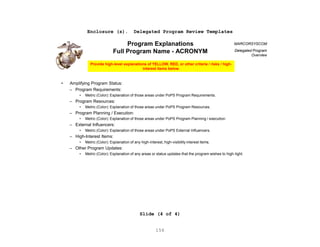 156
Enclosure (s). Delegated Program Review Templates
Slide (4 of 4)
MARCORSYSCOM
Delegated Program
Overview
z
• Amplifying Program Status:
– Program Requirements:
• Metric (Color): Explanation of those areas under PoPS Program Requirements.
– Program Resources:
• Metric (Color): Explanation of those areas under PoPS Program Resources.
– Program Planning / Execution:
• Metric (Color): Explanation of those areas under PoPS Program Planning / execution.
– External Influencers:
• Metric (Color): Explanation of those areas under PoPS External Influencers.
– High-Interest Items:
• Metric (Color): Explanation of any high-interest, high-visibility interest items.
– Other Program Updates:
• Metric (Color): Explanation of any areas or status updates that the program wishes to high-light.
Program Explanations
Full Program Name - ACRONYM
Provide high-level explanations of YELLOW, RED, or other criteria / risks / high-
interest items below.
 