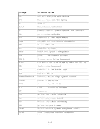 158
Acronym Referenced Phrase
BEA Business Enterprise Architecture
BTA Business Transformation Agency
BY Base Year
C/S/P Cost/Schedule/Performance
C4 Command, Control, Communications, and Computers
CA Certification Authority
CAO Competency Aligned Organization
CARD Cost Analysis Requirements Description
CCA Clinger-Cohen Act
CD Competency Director
CD&I Combat Development & Integration
CDD Capability Development Document
CDR-A Critical Design Review Assessment
CJCSI Chairman of the Joint Chiefs of Staff Instruction
CM Configuration Management
CMC Commandant of the Marine Corps
COA Course of Action
COMMARCORSYSCOM Commander, Marine Corps Systems Command
CONOPS Concept of Operations
COTS Commercial Off-the-Shelf
CPD Capability Production Document
CT Contracts
DAG Defense Acquisition Guidebook
DAP Defense Acquisition Portal
DAU Defense Acquisition University
DBS Defense Business Systems
DBSMC Defense Business Systems Management Council
DC RM Deputy Commander, Resource Management
 