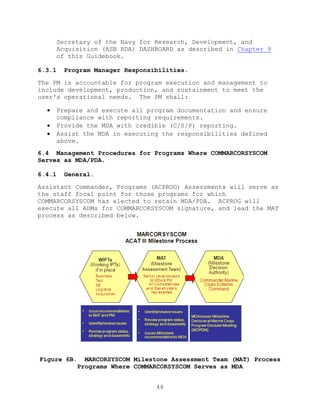 48
Secretary of the Navy for Research, Development, and
Acquisition (ASN RDA) DASHBOARD as described in Chapter 9
of this Guidebook.
6.3.1 Program Manager Responsibilities.
The PM is accountable for program execution and management to
include development, production, and sustainment to meet the
user's operational needs. The PM shall:
 Prepare and execute all program documentation and ensure
compliance with reporting requirements.
 Provide the MDA with credible (C/S/P) reporting.
 Assist the MDA in executing the responsibilities defined
above.
6.4 Management Procedures for Programs Where COMMARCORSYSCOM
Serves as MDA/PDA.
6.4.1 General.
Assistant Commander, Programs (ACPROG) Assessments will serve as
the staff focal point for those programs for which
COMMARCORSYSCOM has elected to retain MDA/PDA. ACPROG will
execute all ADMs for COMMARCORSYSCOM signature, and lead the MAT
process as described below.
Figure 6B. MARCORSYSCOM Milestone Assessment Team (MAT) Process
Programs Where COMMARCORSYSCOM Serves as MDA
 