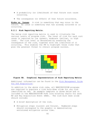 66
 A probability (or likelihood) of that future root cause
occurring.
 The consequence (or effect) of that future occurrence.
Risks vs. Issues. A risk is something that may occur in the
future. An issue is something that has already occurred or is
occurring.
8.2.1 Risk Reporting Matrix.
The below risk reporting matrix is used to illustrate the
various levels of program risk. The level of risk for each root
cause is reported as low (green), moderate (yellow), or high
(red). The risk level is determined by assessing the
consequence of the risk, together with the likelihood of it
occurring. This enables the PM to highlight those risks that
pose the greatest threat to overall program success.
Figure 8B. Graphical Representation of Risk Reporting Matrix
Additional information can be found in the Risk Management Guide
for DoD Acquisition.
In addition to the above risk cube, all MARCORSYSCOM programs
are required to populate a risk burn-down slide for any risk
identified as red. An example template is shown below and is
included in the MARCORSYSCOM PoPS core briefing charts for each
MS and Key Acquisition Event (KAE). The risk burn down slide
should include:
 A brief description of the risk.
 Mitigation steps (current and future). Numbered steps
should correspond to the graphic in demonstrating
envisioned mitigation across time.
 