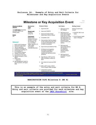 91
Enclosure (b). Example of Entry and Exit Criteria for
Milestones and Key Acquisition Events
MARCORSYSCOM PoPS Milestone B (MS B)
This is an example of the entry and exit criteria for MS B.
Entry and exit criteria are provided for each milestone and key
acquisition event at the IMDP SharePoint site.
Milestone B (MS B)
Decision
Use PoPS Gate 5 templates
and MCSC MS B core
briefing charts
Briefer
PM
Membership
Chair:
MDA
Review Lead:
ACPROG
APGD PM
Participants:
Marine Corps
Systems Command
(DC RM, DC SIAT,
AC Contracts, AC
LCL, AC PROG,
Safety, Security), DC
CD&I, HQMC
Advocate(s),
LOGCOM, MCOTEA
Entrance Criteria
1. Approved CDD
2. Approved CONOPS
3. Approved System Design
Specification (SDS) or waiver
4. Completed LCCE
5. Demonstration that the program
is fully funded across the FYDP
or propose affordability COAs
for MDA consideration
6. Approved Source Selection Plan
7. All Statutory and regulatory
documents completed, or
complete pending MDA
signature (as tailored per MDA
guidance)
8. Peer Review of RFP and Pre-
EMD completed or waived by
MDA
9. Exit criteria from previous ADM
met
10. MAT or SBT review of MS B
PoPS Program Health package
11. Independent Logistics
Assessment (ILA) completed
Exit Criteria
1. MDA approval for
RFP Release
2. MDA approval of
ADM* authorizing MS
B and entry to EMD
phase with exit criteria
and determination of
next milestone or key
acquisition event
(such as PDR-A and
CDR-A)
3. MDA approves
appropriate statutory
and regulatory
documents (as
tailored per MDA
guidance)
4. MDA approval of
Acquisition Program
Baseline
Briefing Content
Briefing Content must
include:
a. All MCSC MS B core
slides
b. PoPS Program Health
Gate 5 Templates
Milestone or Key Acquisition Event
References**
1. MCSC PoPS Guidebook
2. ASN PoPS Gate Charts
3. Test & Engineering
4. Logistics Knowledge Ctr
5. Contracting Knowledge Ctr
6. IA Knowledge Ctr
7. Cost Analysis Guidance
8. Timeline (in this brief)
9. Documents (in this brief)
10. Relevant excerpts in DoDI
5000.2
11. APBA policy
DAG Ch 2
12. Risk Management Guide for
DoD Acquisition, 04 August
2006
* The ADM may direct strategy changes to address cost, schedule or performance risk as appropriate.
** References are available atthe IMDP SharePointsite, located at: https://ips.usmc.mil/sites/mcscimdp/default.aspx. To access, use your E-Mail
security certificate.
FINAL
17 Oct 2011
 