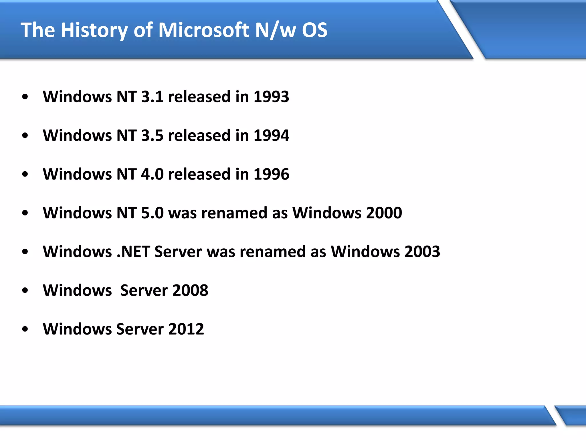 The History of Microsoft N/w OS
• Windows NT 3.1 released in 1993
• Windows NT 3.5 released in 1994
• Windows NT 4.0 released in 1996
• Windows NT 5.0 was renamed as Windows 2000
• Windows .NET Server was renamed as Windows 2003
• Windows Server 2008
• Windows Server 2012
 