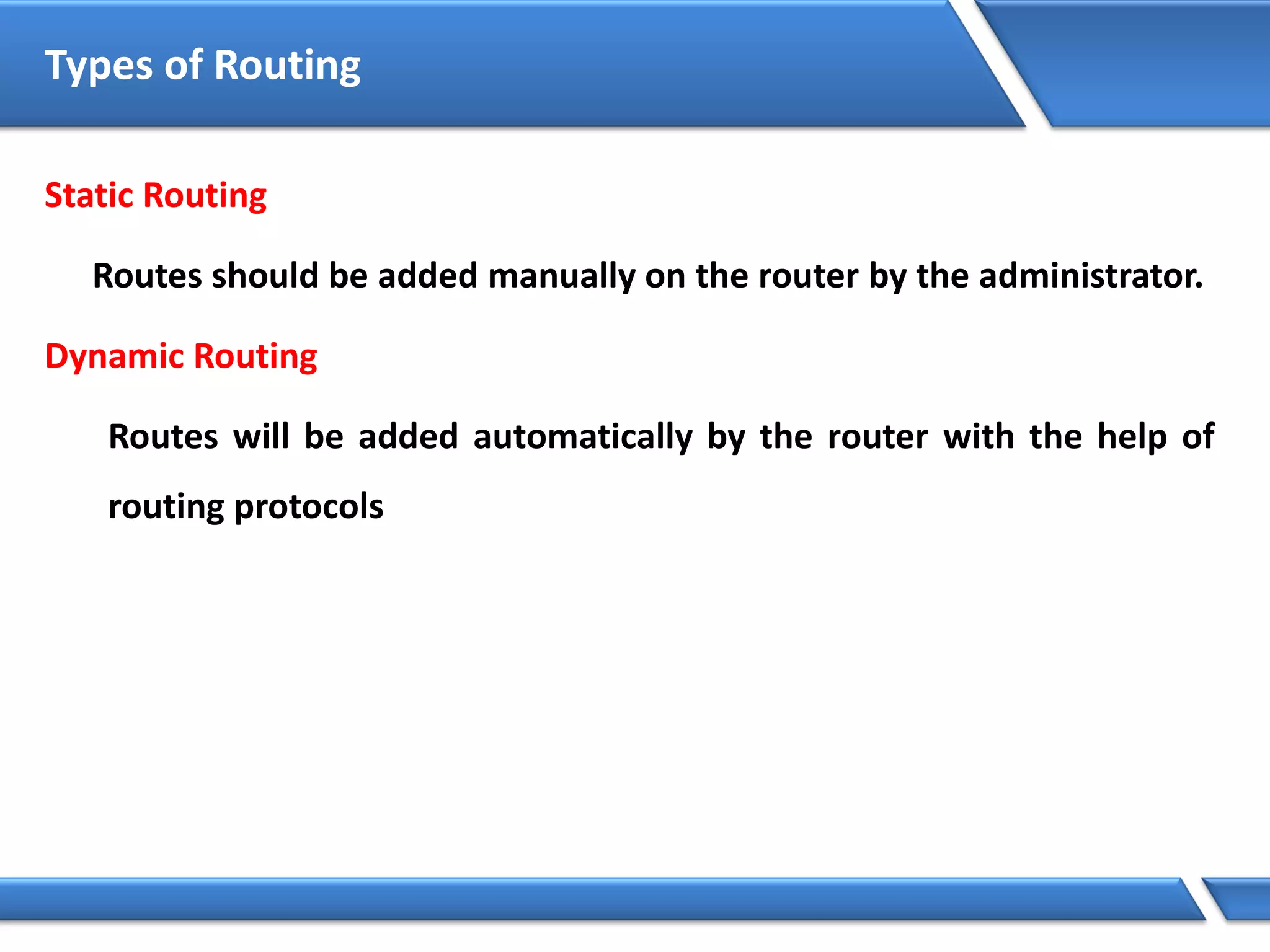 Types of Routing
Static Routing
Routes should be added manually on the router by the administrator.
Dynamic Routing
Routes will be added automatically by the router with the help of
routing protocols
 