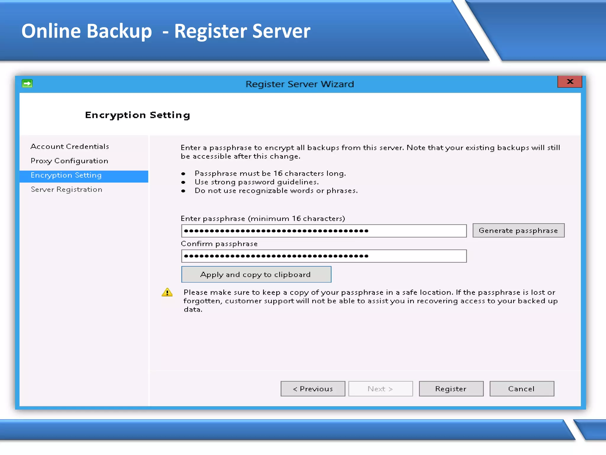 Online Backup - Register Server
 