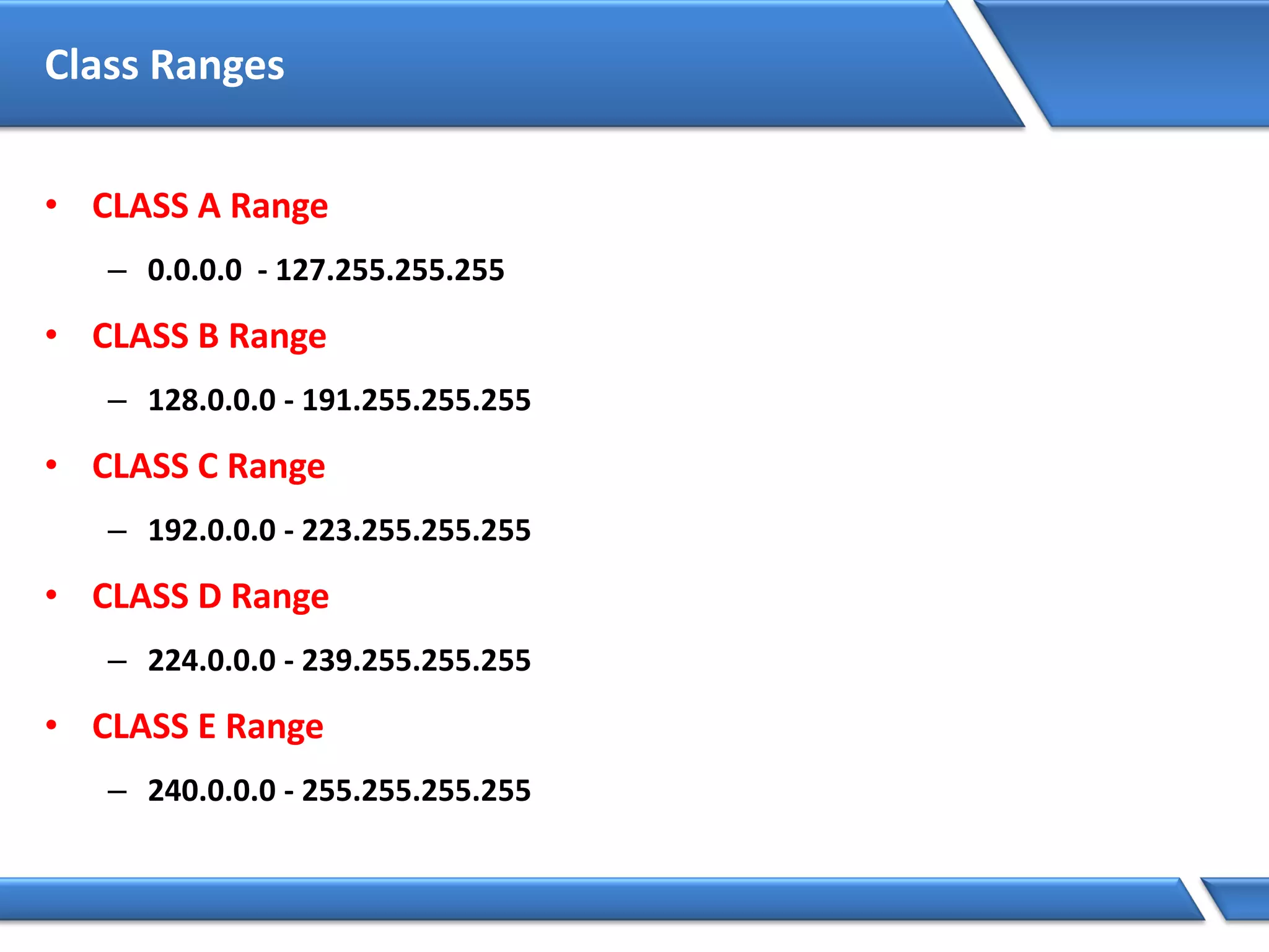 Class Ranges
• CLASS A Range
– 0.0.0.0 - 127.255.255.255
• CLASS B Range
– 128.0.0.0 - 191.255.255.255
• CLASS C Range
– 192.0.0.0 - 223.255.255.255
• CLASS D Range
– 224.0.0.0 - 239.255.255.255
• CLASS E Range
– 240.0.0.0 - 255.255.255.255
 