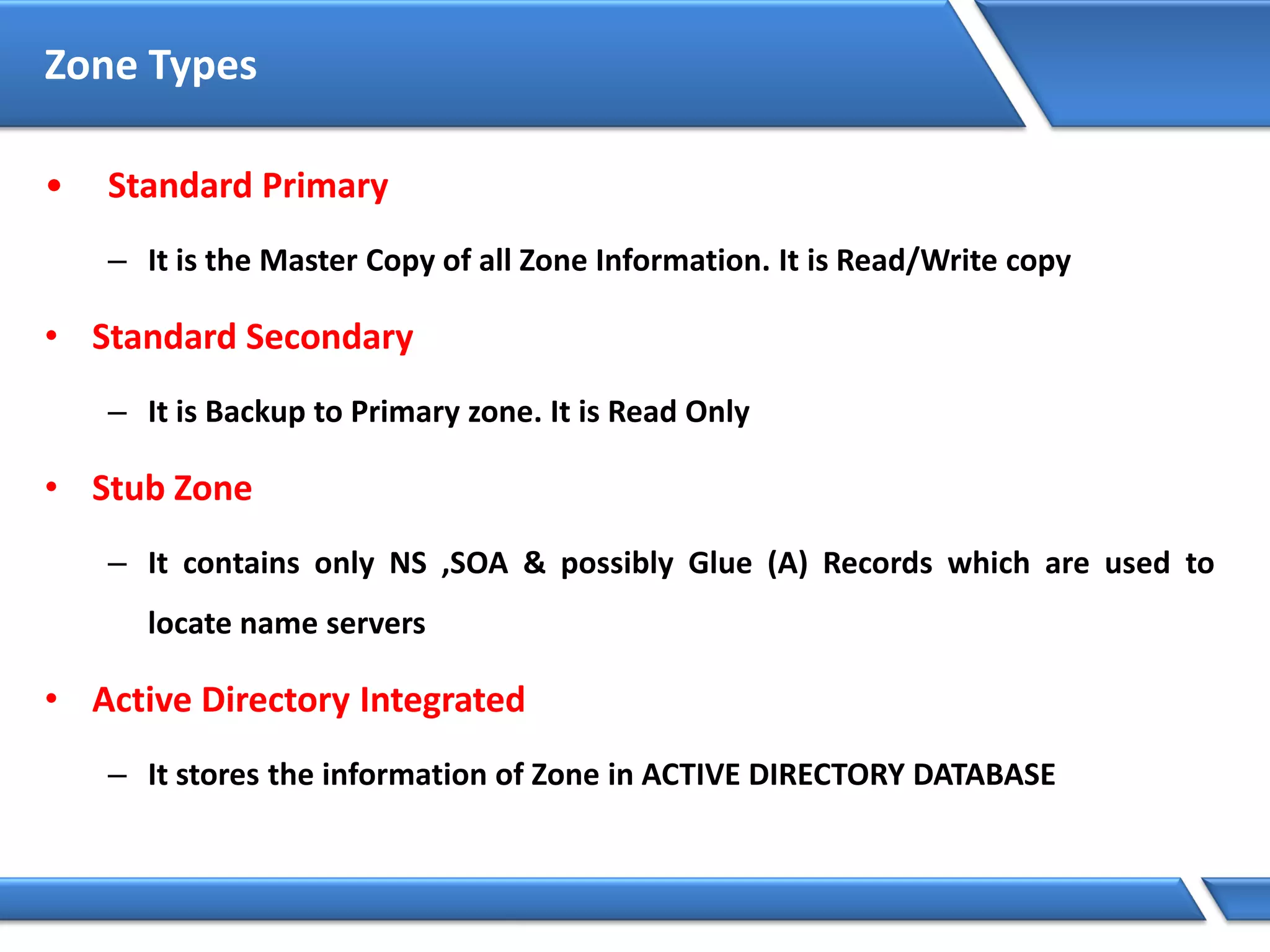 Zone Types
• Standard Primary
– It is the Master Copy of all Zone Information. It is Read/Write copy
• Standard Secondary
– It is Backup to Primary zone. It is Read Only
• Stub Zone
– It contains only NS ,SOA & possibly Glue (A) Records which are used to
locate name servers
• Active Directory Integrated
– It stores the information of Zone in ACTIVE DIRECTORY DATABASE
 