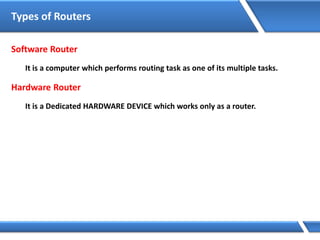 Types of Routers
Software Router
It is a computer which performs routing task as one of its multiple tasks.
Hardware Router
It is a Dedicated HARDWARE DEVICE which works only as a router.
 