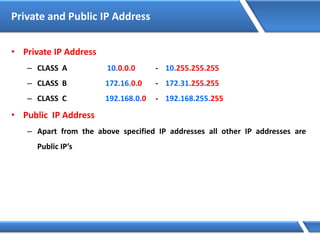 Private and Public IP Address
• Private IP Address
– CLASS A 10.0.0.0 - 10.255.255.255
– CLASS B 172.16.0.0 - 172.31.255.255
– CLASS C 192.168.0.0 - 192.168.255.255
• Public IP Address
– Apart from the above specified IP addresses all other IP addresses are
Public IP’s
 