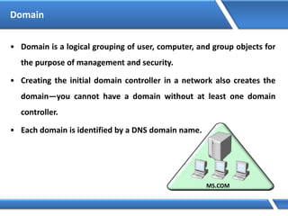 Domain
• Domain is a logical grouping of user, computer, and group objects for
the purpose of management and security.
• Creating the initial domain controller in a network also creates the
domain—you cannot have a domain without at least one domain
controller.
• Each domain is identified by a DNS domain name.
 