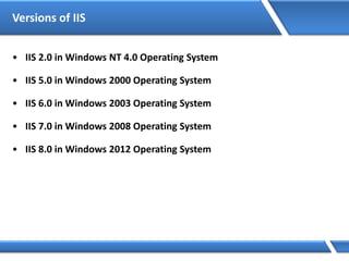 Versions of IIS
• IIS 2.0 in Windows NT 4.0 Operating System
• IIS 5.0 in Windows 2000 Operating System
• IIS 6.0 in Windows 2003 Operating System
• IIS 7.0 in Windows 2008 Operating System
• IIS 8.0 in Windows 2012 Operating System
 