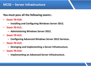 MCSE – Server Infrastructure
You must pass all the following exams :
• Exam 70-410:
– Installing and Configuring Windows Server 2012.
• Exam 70-411:
– Administering Windows Server 2012.
• Exam 70-412:
– Configuring Advanced Windows Server 2012 Services.
• Exam 70-413:
– Desinging and Implementing a Server Infrastructure.
• Exam 70-414:
– Implementing an Advanced Server Infrastructure.
 