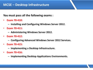 MCSE – Desktop Infrastructure
You must pass all the following exams :
• Exam 70-410:
– Installing and Configuring Windows Server 2012.
• Exam 70-411:
– Administering Windows Server 2012.
• Exam 70-412:
– Configuring Advanced Windows Server 2012 Services.
• Exam 70-415:
– Implementing a Desktop Infrastructure.
• Exam 70-416:
– Implementing Desktop Applications Environments.
 