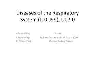Diseases of the Respiratory
System (J00-J99), U07.0
Presented by Guide
E.Prabhu Teja Archana Suryawanshi M.Pharm (Q.A)
M.Pharm(P.A) Medical Coding Trainer
 
