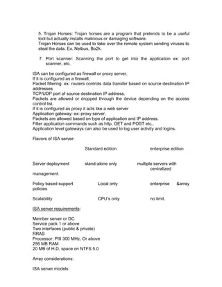 5. Trojan Horses: Trojan horses are a program that pretends to be a useful
   tool but actually installs malicious or damaging software.
   Trojan Horses can be used to take over the remote system sending viruses to
   steal the data. Ex. Netbus, Bo2k.

   7. Port scanner: Scanning the port to get into the application ex: port
      scanner, etc.

ISA can be configured as firewall or proxy server.
If it is configured as a firewall,
Packet filtering: ex: routers controls data transfer based on source destination IP
addresses
TCP/UDP port of source destination IP address.
Packets are allowed or dropped through the device depending on the access
control list.
If it is configured as proxy it acts like a web server
Application gateway: ex: proxy server.
Packets are allowed based on type of application and IP address.
Filter application commands such as http, GET and POST etc..
Application level gateways can also be used to log user activity and logins.

Flavors of ISA server:

                           Standard edition                   enterprise edition


Server deployment          stand-alone only            multiple servers with
                                                              centralized
management.

Policy based support              Local only                  enterprise       &array
policies

Scalability                       CPU‟s only                  no limit.

ISA server requirements:

Member server or DC
Service pack 1 or above
Two interfaces (public & private)
RRAS
Processor: PIII 300 MHz. Or above
256 MB RAM
20 MB of H.D. space on NTFS 5.0

Array considerations:

ISA server models:
 
