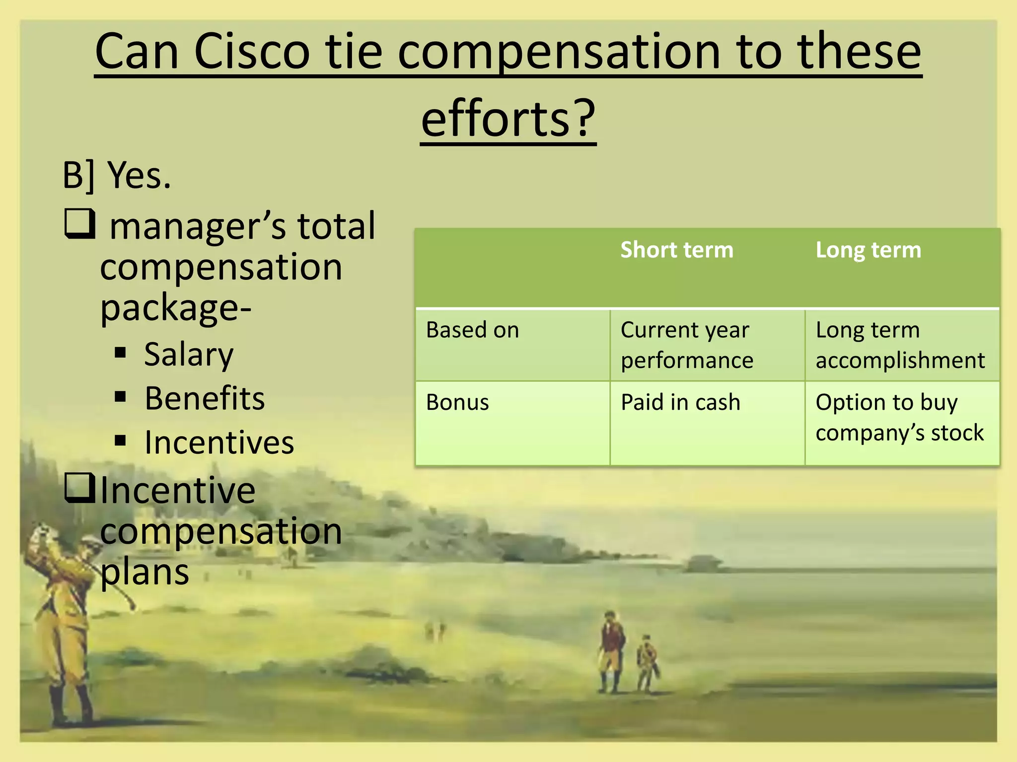 Can Cisco tie compensation to these
                efforts?
B] Yes.
 manager’s total              Short term     Long term
  compensation
  package-          Based on   Current year   Long term
   Salary                     performance    accomplishment
   Benefits        Bonus      Paid in cash   Option to buy
   Incentives                                company’s stock

Incentive
 compensation
 plans
 