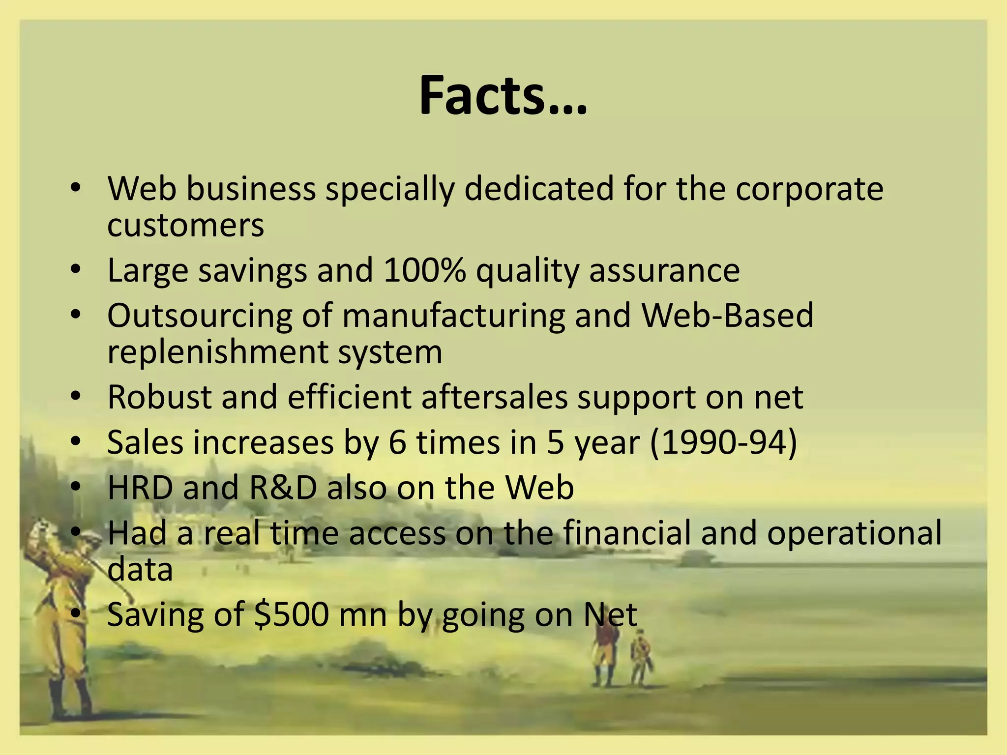 Facts…
• Web business specially dedicated for the corporate
  customers
• Large savings and 100% quality assurance
• Outsourcing of manufacturing and Web-Based
  replenishment system
• Robust and efficient aftersales support on net
• Sales increases by 6 times in 5 year (1990-94)
• HRD and R&D also on the Web
• Had a real time access on the financial and operational
  data
• Saving of $500 mn by going on Net
 
