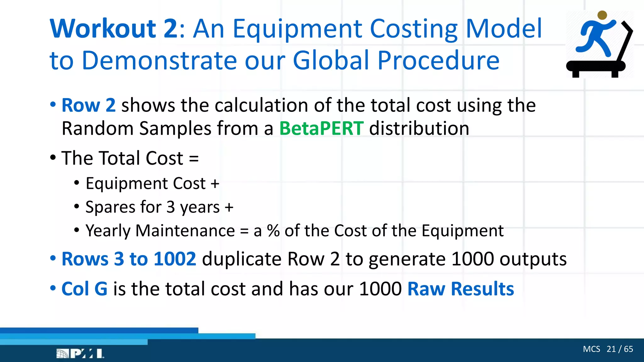 MCS 21 / 65
Workout 2: An Equipment Costing Model
to Demonstrate our Global Procedure
• Row 2 shows the calculation of the total cost using the
Random Samples from a BetaPERT distribution
• The Total Cost =
• Equipment Cost +
• Spares for 3 years +
• Yearly Maintenance = a % of the Cost of the Equipment
• Rows 3 to 1002 duplicate Row 2 to generate 1000 outputs
• Col G is the total cost and has our 1000 Raw Results
 